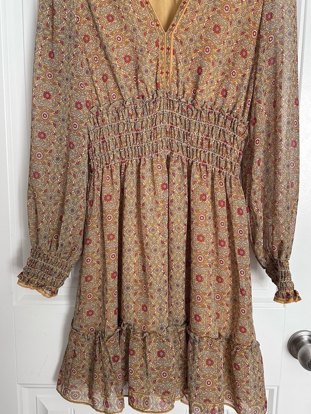 Max Studio Mustard Floral Long Sleeve Smocked Waist Dress - Picture 2 of 2